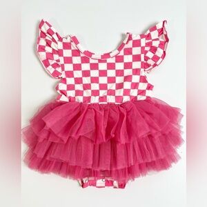 Pink Checkered Bodysuit Baby Dress with Tulle Tutu Skirt